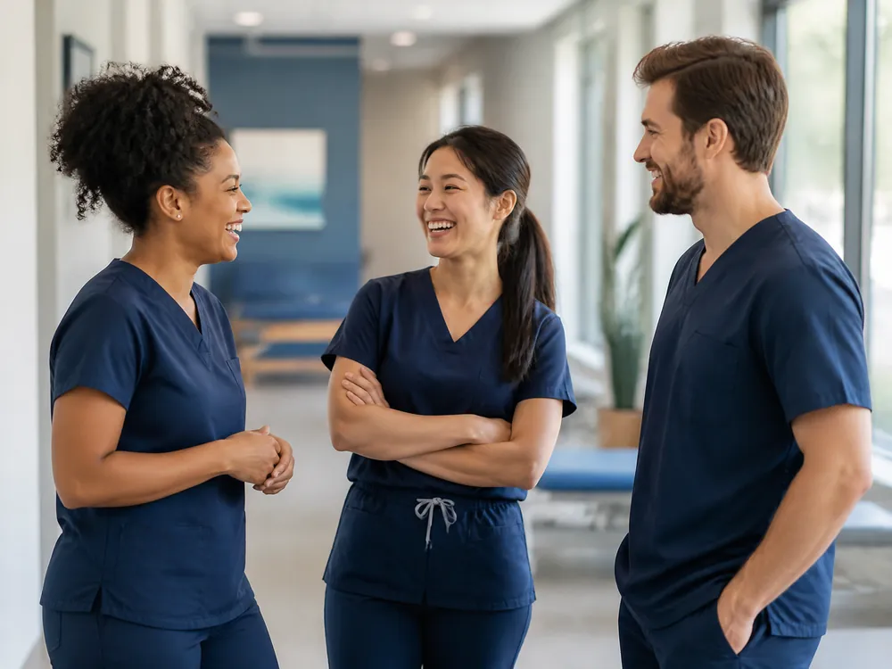 Three physical therapists in navy scrubs laughing together in a bright clinic hallway
