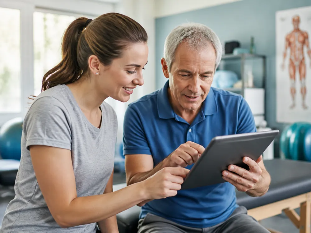 A therapist and a patient reviewing an exercise plan together on a tablet